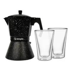 SIMPLIT - Pack Cafetera Italiana 4 Tazas + Set 2 Vasos Doble Pared