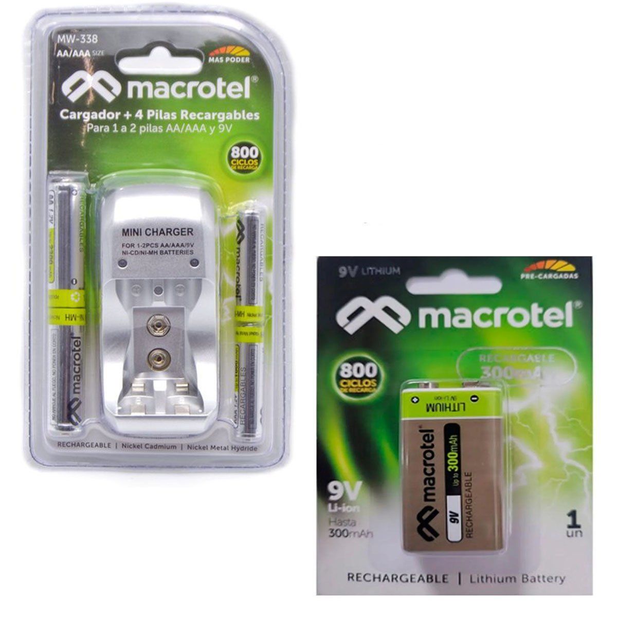 KIT CARGADOR DE PILAS Y BATERÍA  BATERÍA RECARGABLE DE 9V 300Mah, marca MACROTEL - Foto Principal
