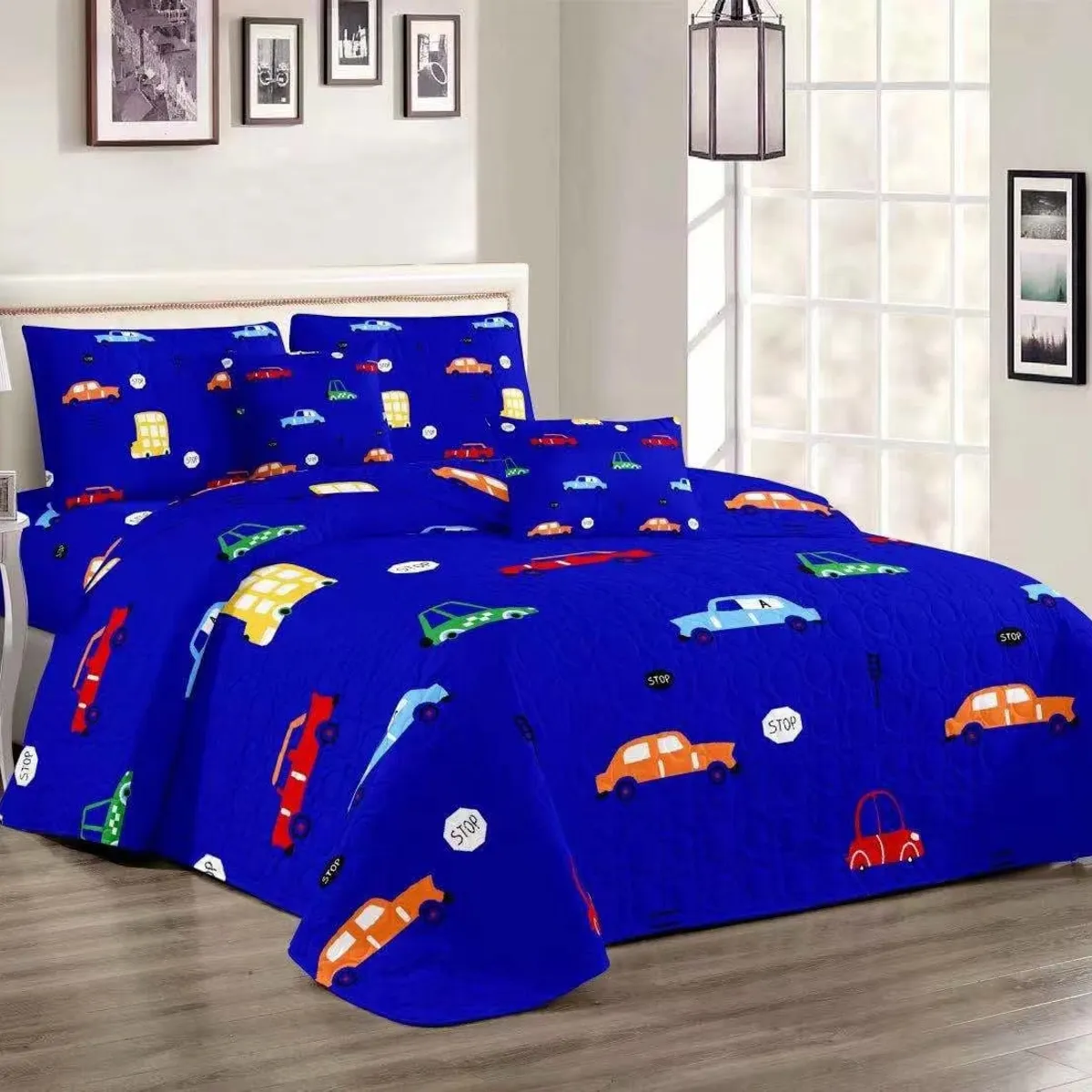 GENERICO - Cobertor Quilts de Verano 1,5 plaza - Azul Autos - Mod 2