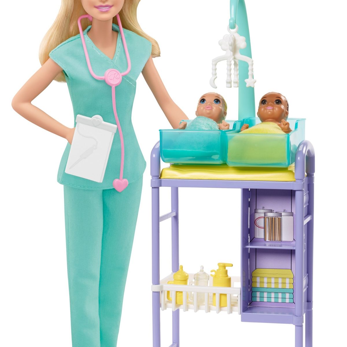 BARBIE - Barbie Muñeca Set Pediatra Rubia con 2 Bebés