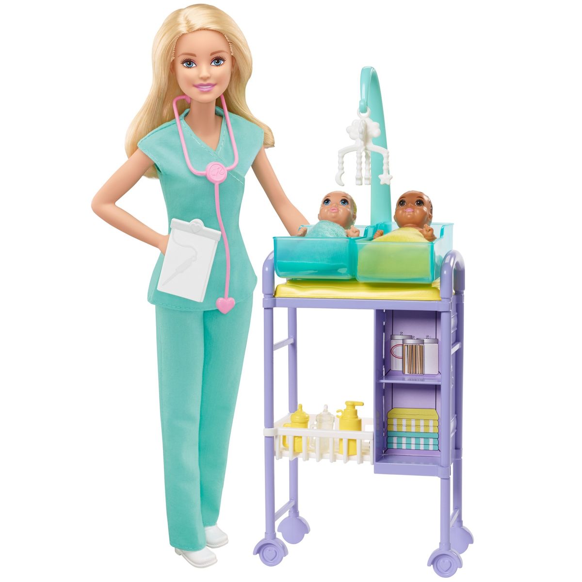 BARBIE - Barbie Muñeca Set Pediatra Rubia con 2 Bebés