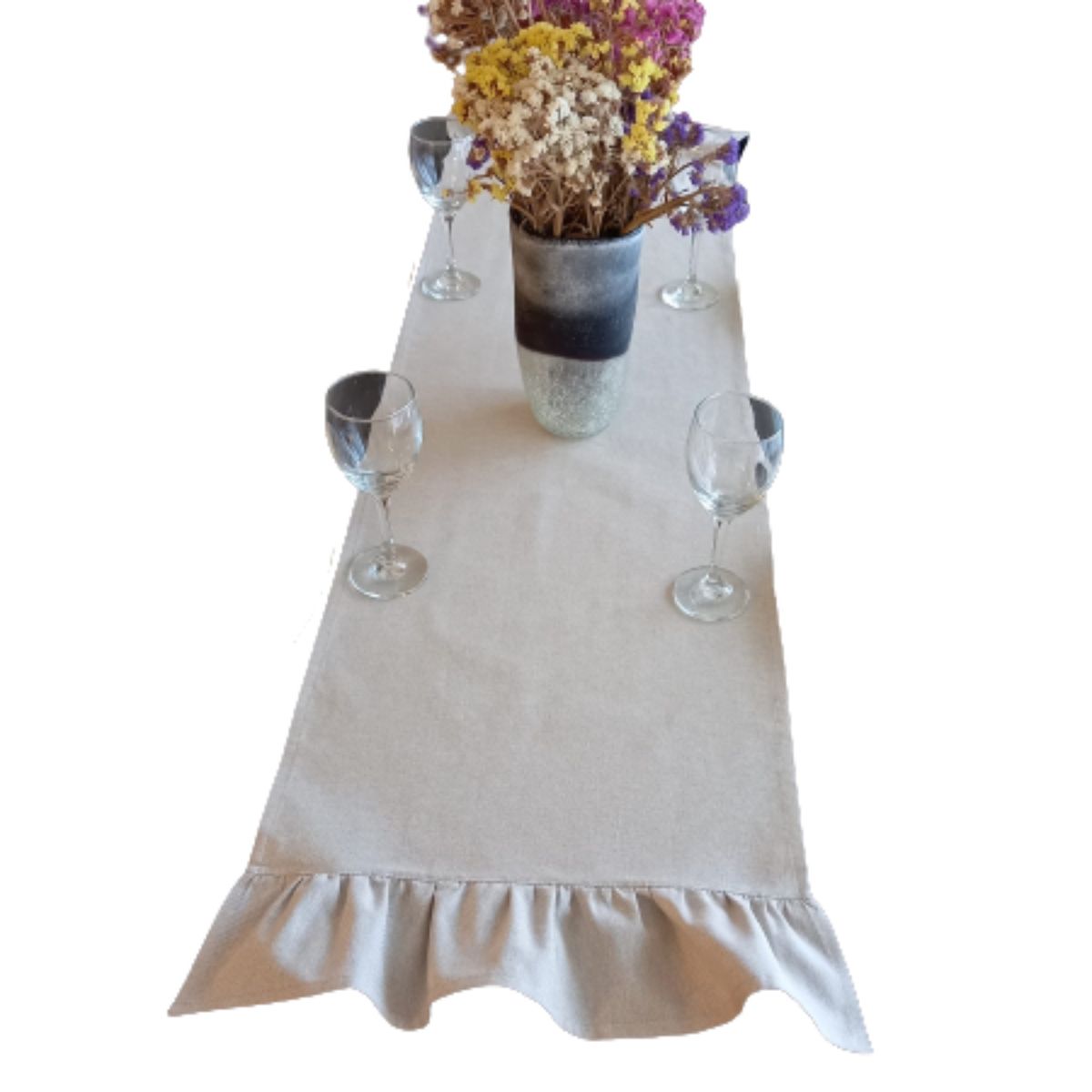 GENERICO - Camino Mesa Lino Algodón color Arena con Vuelos 40x150