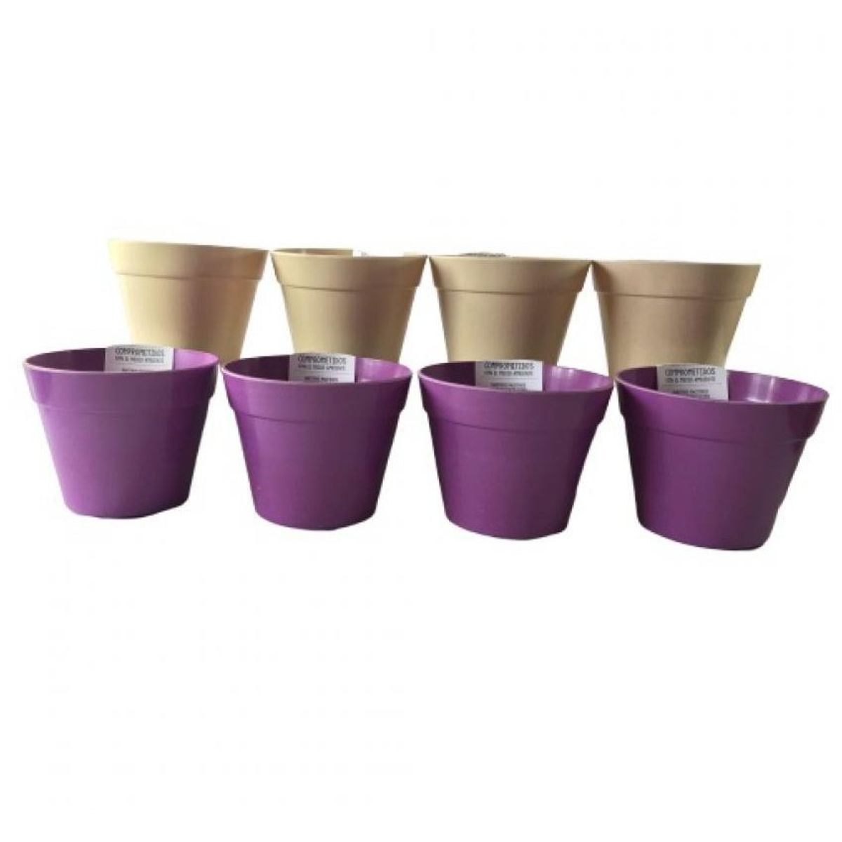 DECOGREEN - Set de 8 Maceteros Biodegradables Redondo 4 morados, 4 blancos