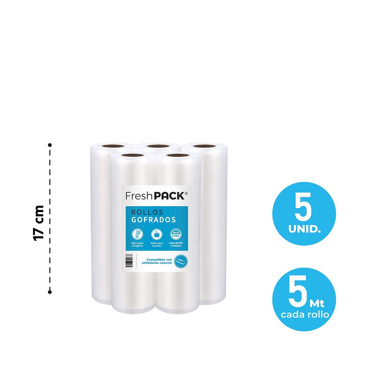 FRESHPACK - 5 Rollos Vacio 17cm X 5mts Para Selladora Casera