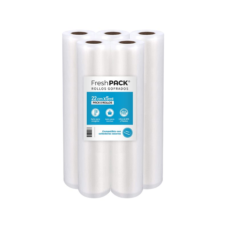 FRESHPACK - 5 Rollos Vacio 22cm X 5mts Para Selladora Casera