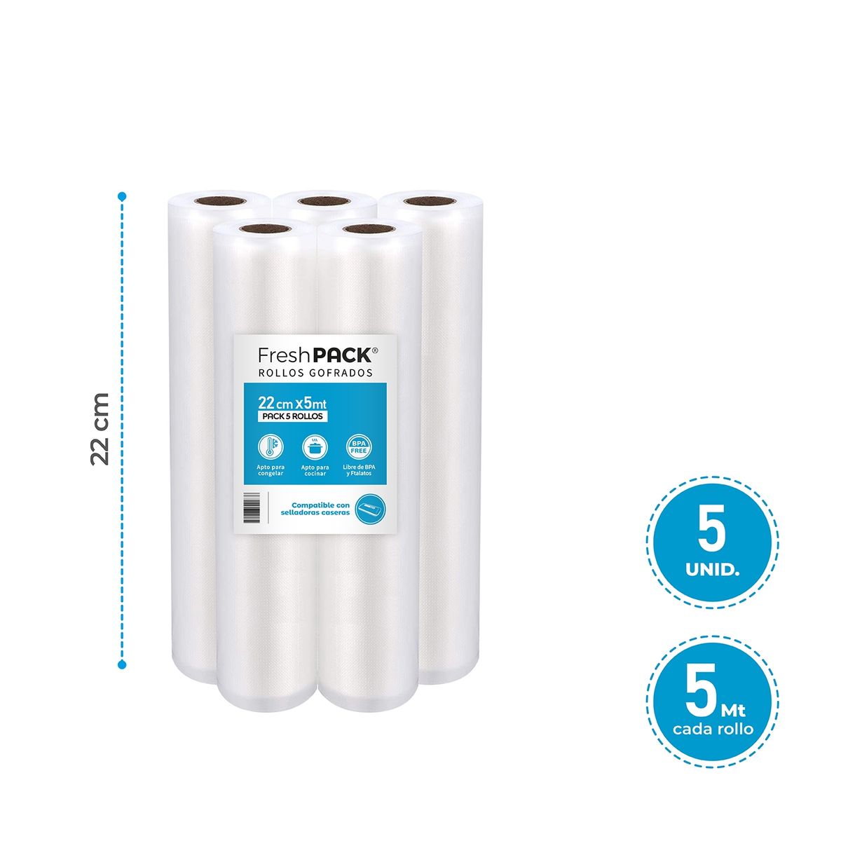 FRESHPACK - 5 Rollos Vacio 22cm X 5mts Para Selladora Casera
