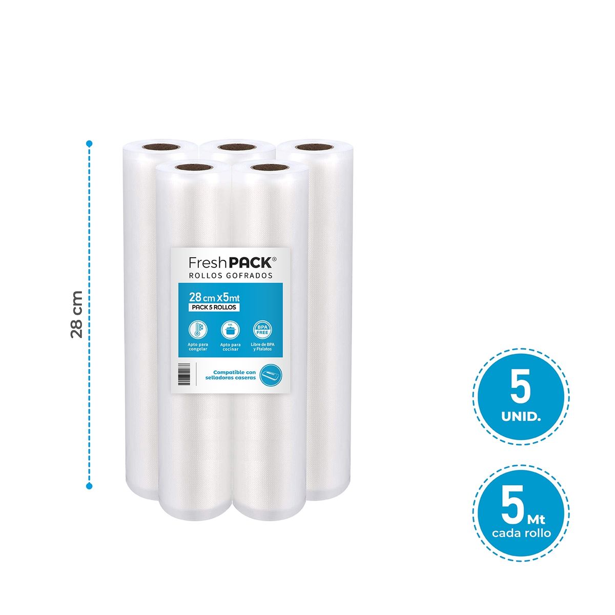 FRESHPACK - 5 Rollos Vacio 28cm X 5mts Para Selladora Casera