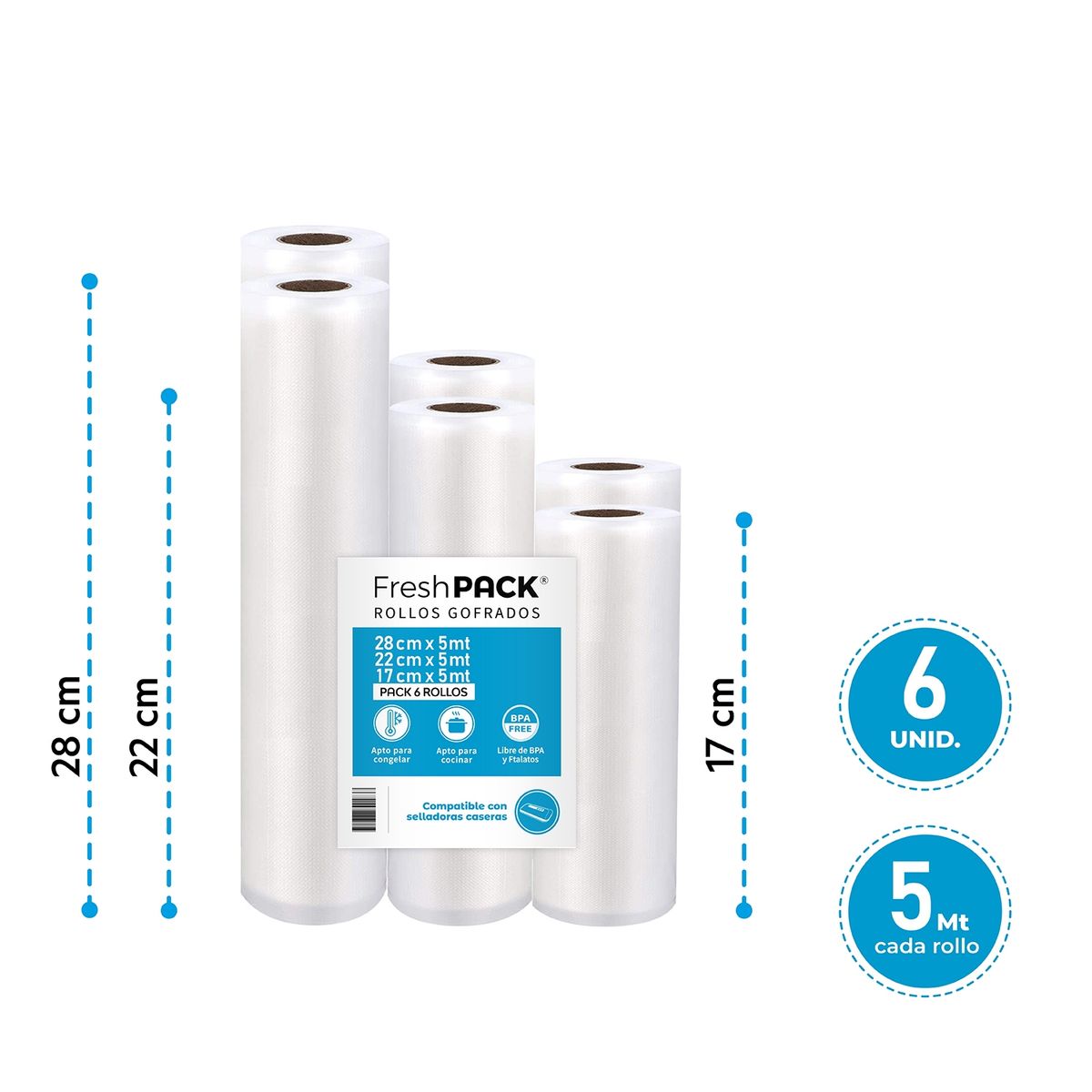 FRESHPACK - 6 Rollos Bolsas Sellado Al Vacio 2 De 17-22-28cm X 5mt