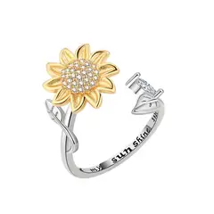 GENERICO - Anillo plata 925 girasol ajustable giratorio anti estres