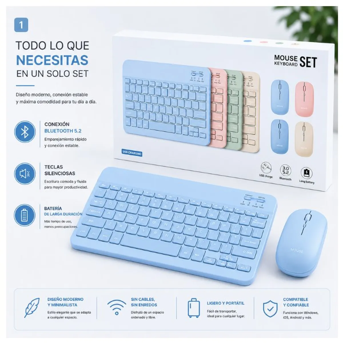 GENERICO - Kit de teclado mouse para iPad o Tablet Android Slim Celeste