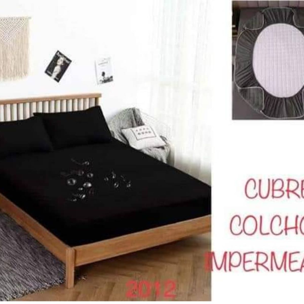 GENERICO - Cubrecolchón impermeable Negro King + 02 fundas de almohada.