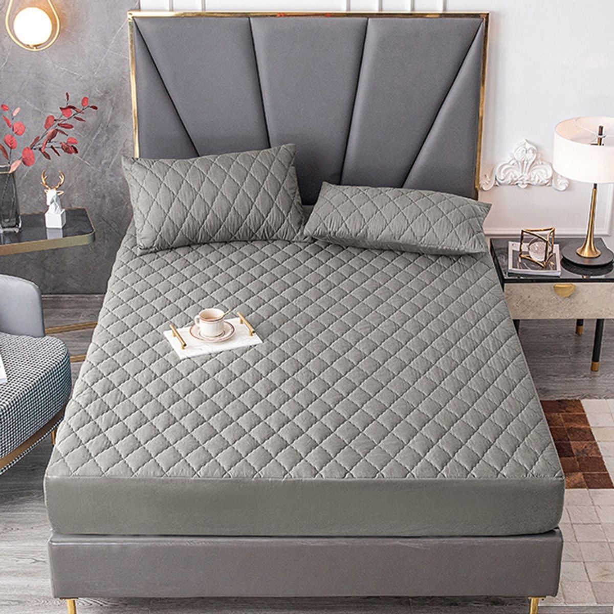 GENERICO - Cubrecolchón impermeable Gris King + 02 fundas de almohada.