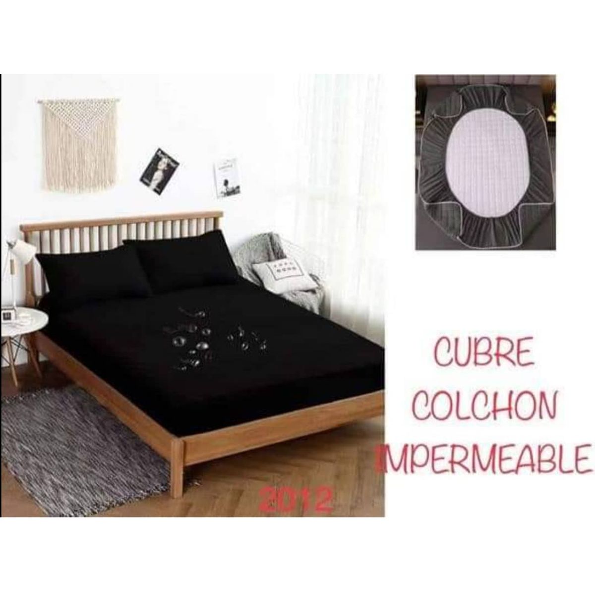 GENERICO - Cubrecolchón impermeable Negro 2p + 02 fundas de almohada.
