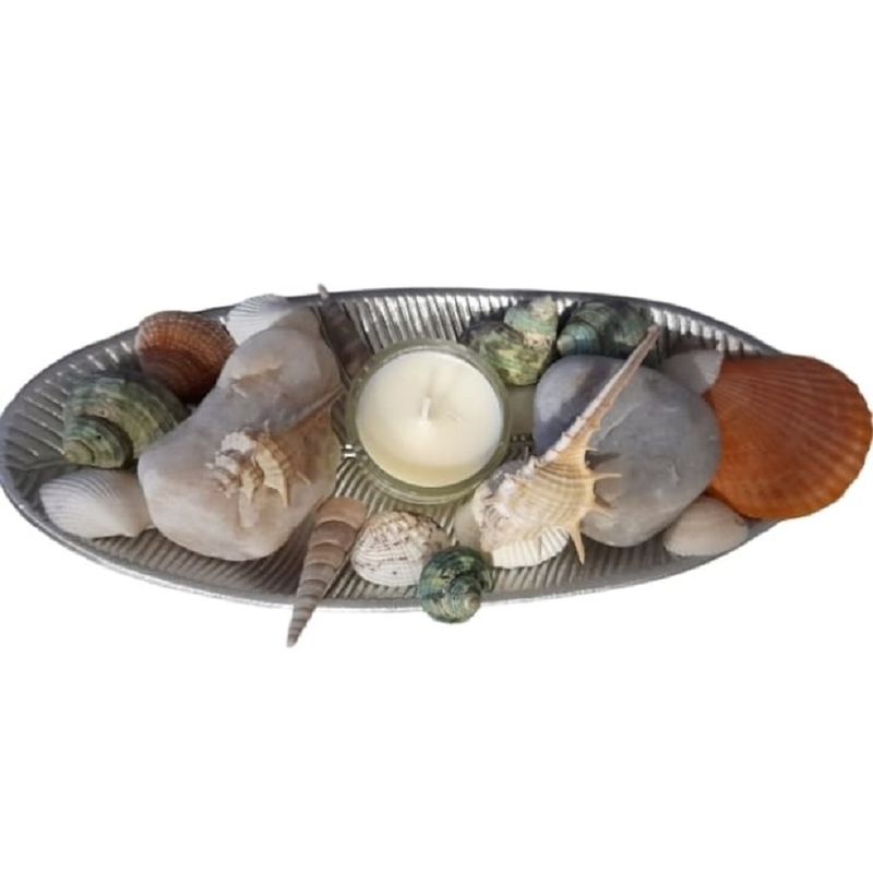 GENERICO - DECORACIÓN  MAR TERRAZAS DE QUINQUELLES  BANDEJA  PIEDRA CUARZO CARACOLAS VELA