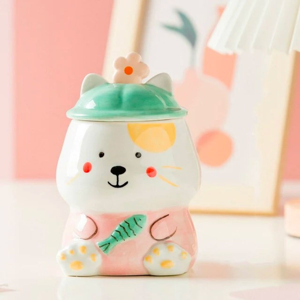 GENERICO - Tazón oso con pescado kawaii - rosado