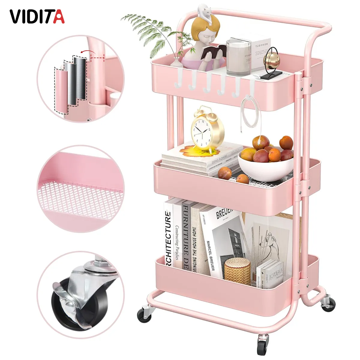 REBONEC - Carrito Organizador Almacenamiento Espacios 3 Niveles Ruedas Rosado