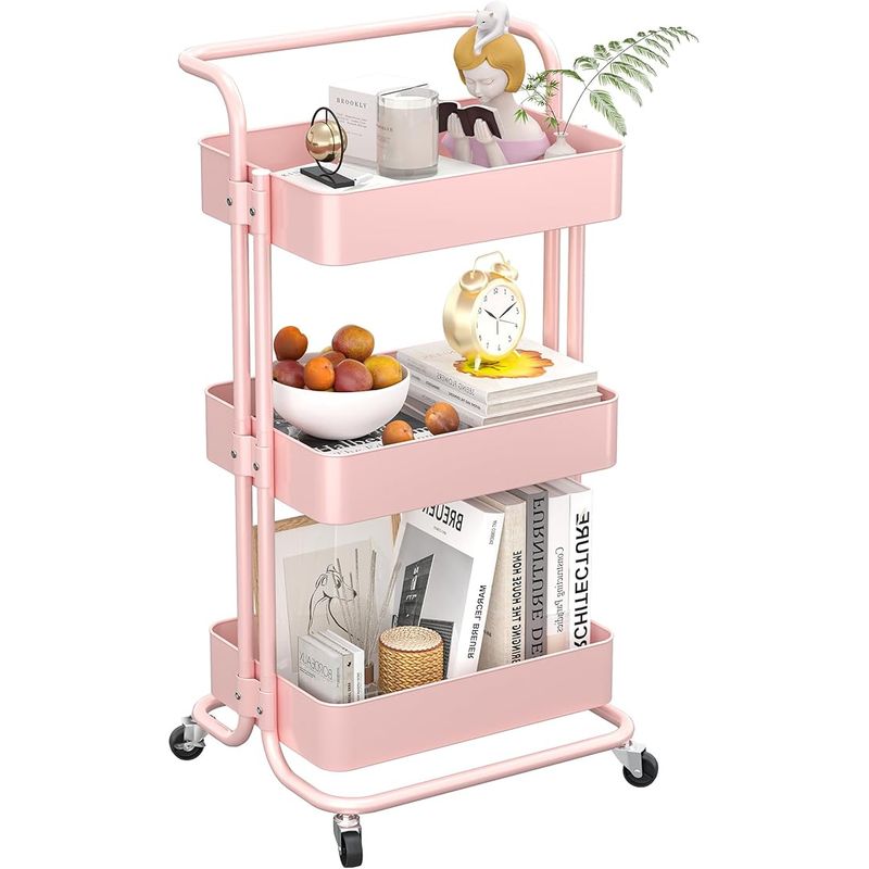 REBONEC - Carrito Organizador Almacenamiento Espacios 3 Niveles Ruedas Rosado