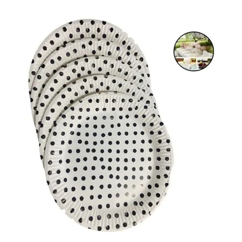 GENERICO - 10 Platos Cumpleaños blanco lunares negros Desechables 23cm