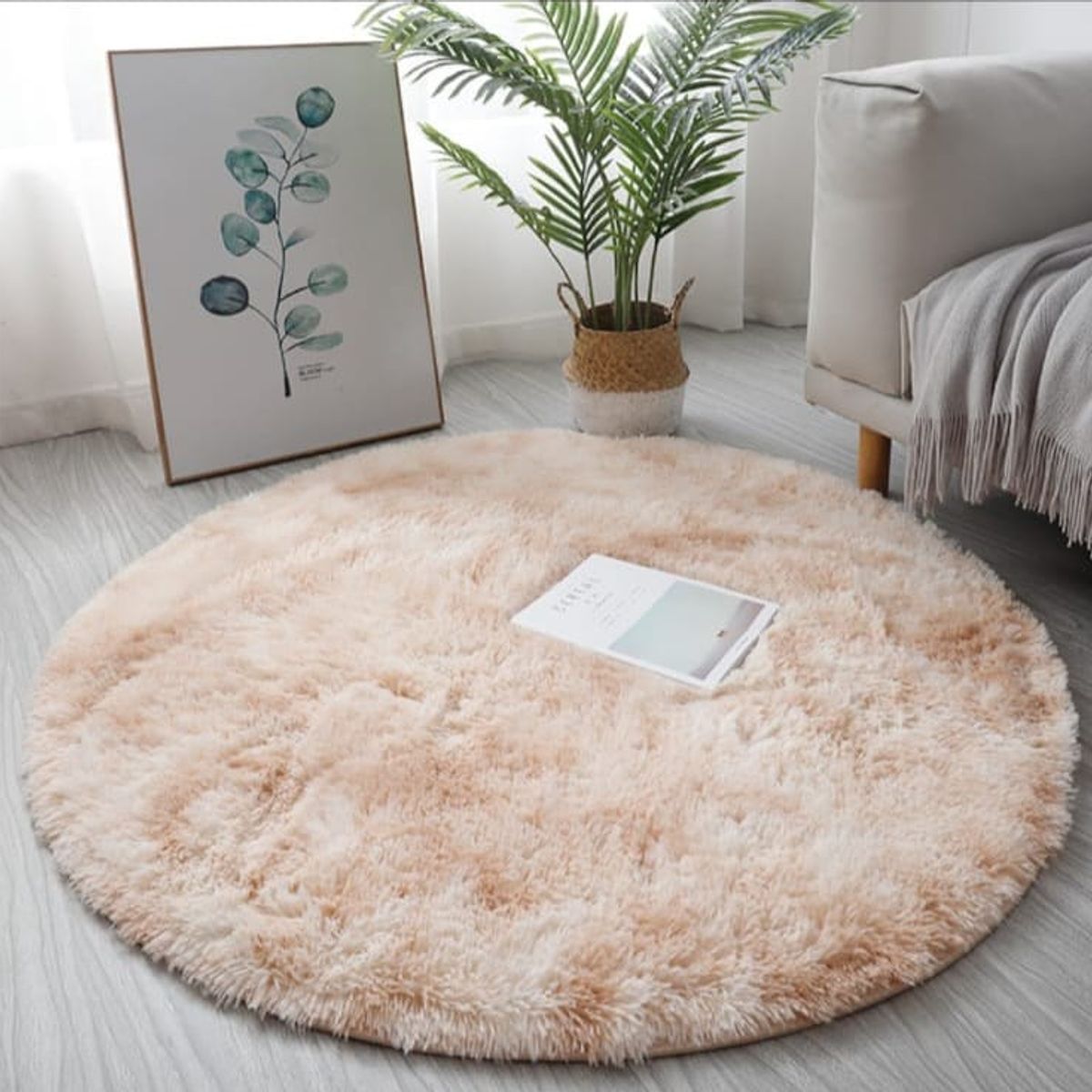 GENERICO - Alfombra Redonda Tipo Shaggy - Color Beige Jaspeado