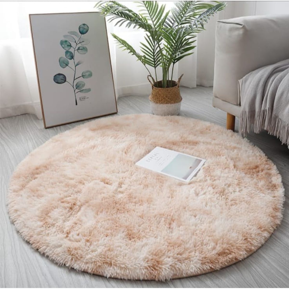 GENERICO - Alfombra Redonda Tipo Shaggy - Color Beige Jaspeado