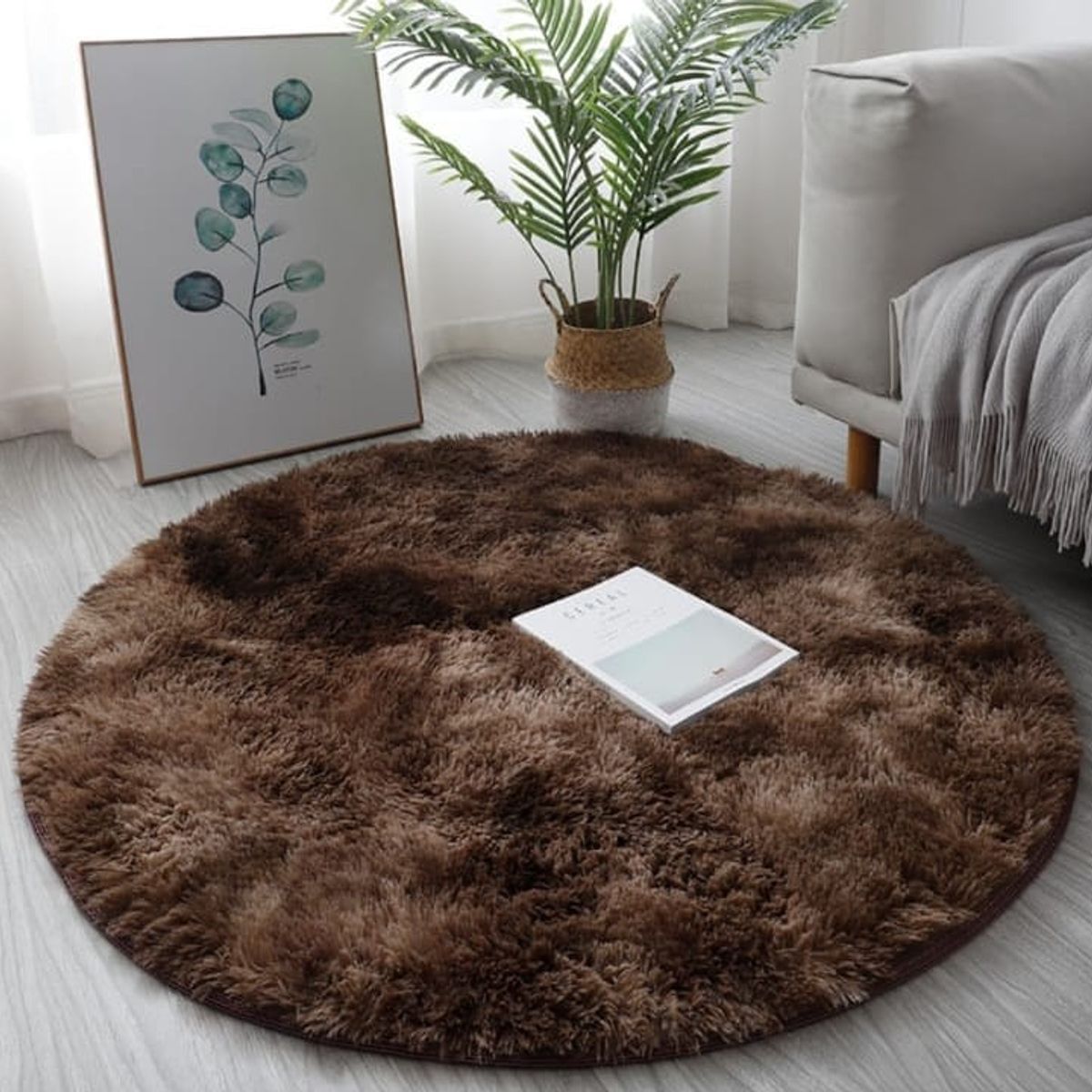 GENERICO - Alfombra Redonda Tipo Shaggy - Color Café Jaspeado