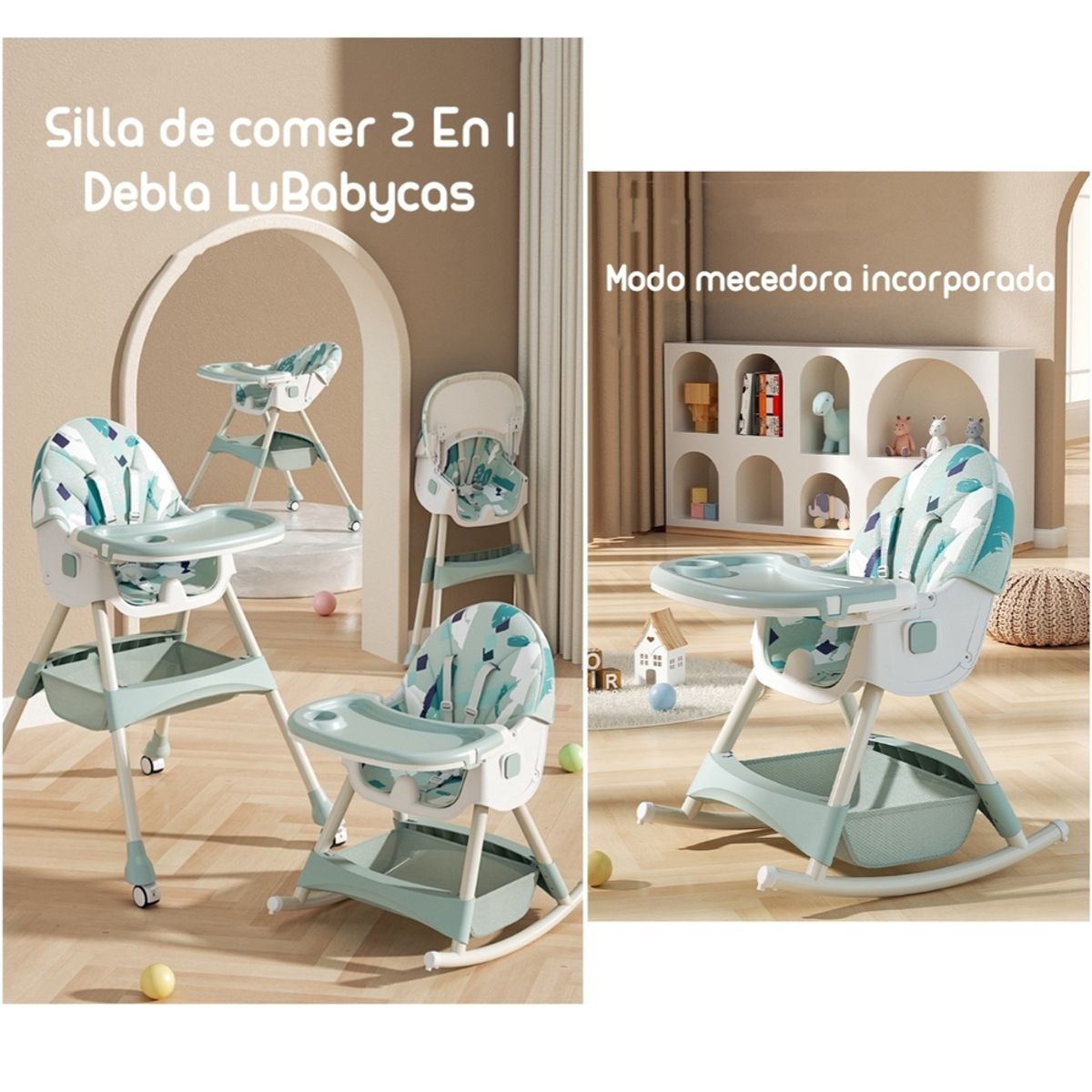 LUBABYCAS - Silla De Comer Mecedora 2 En 1 Con Ruedas Rosada Lubabycas