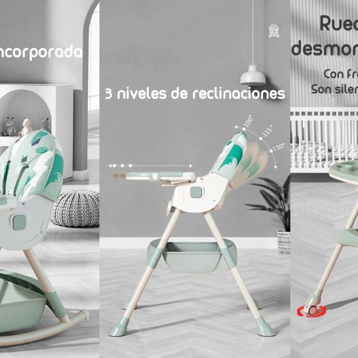 LUBABYCAS - Silla De Comer Mecedora 2 En 1 Con Ruedas Verde Lubabycas