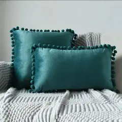 GENERICO - Fundas De Cojín Turquesa de Terciopelo con pompon pack de 02 unidades.