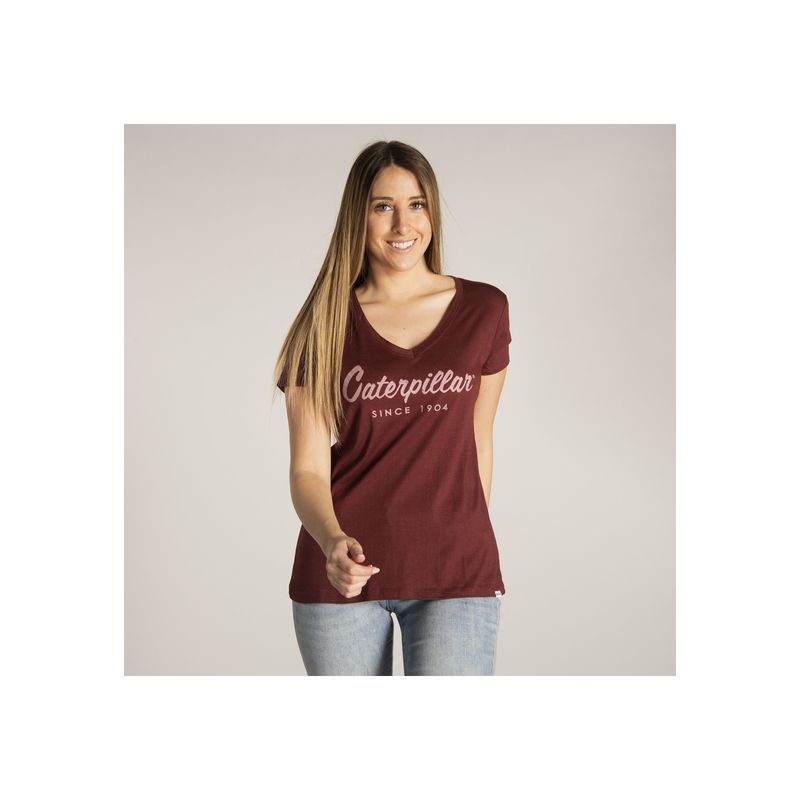 CAT - Polera M/C Mujer Logo Script V-Neck T Rojo CAT