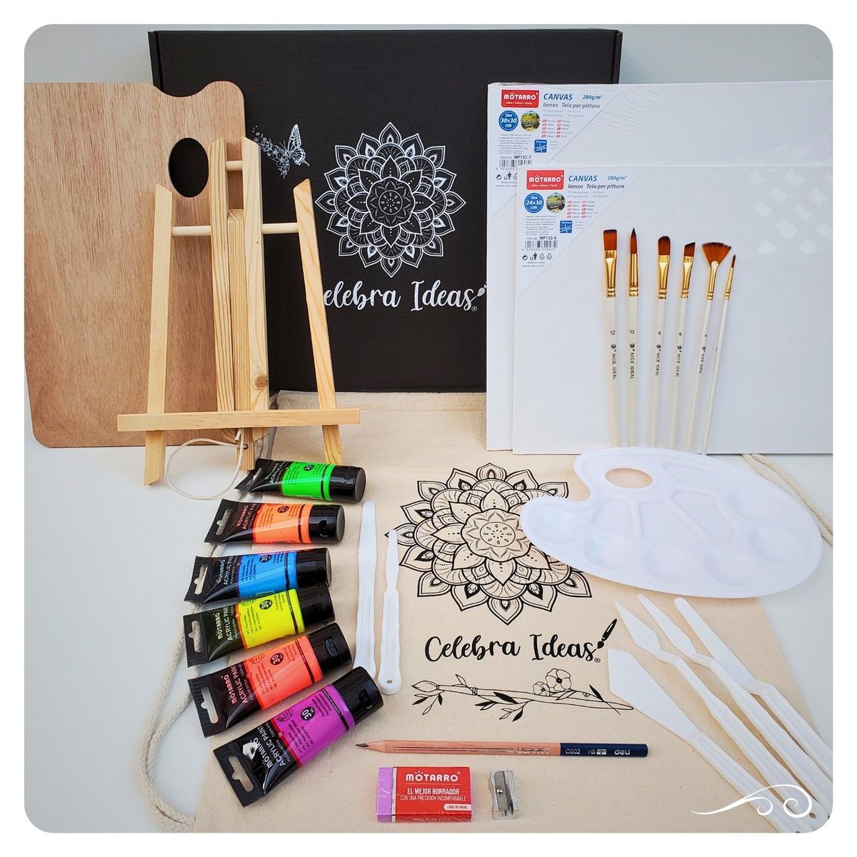 CELEBRA IDEAS - Set de Arte kit pinturas Acrílicos Neón c Atril y lienzos