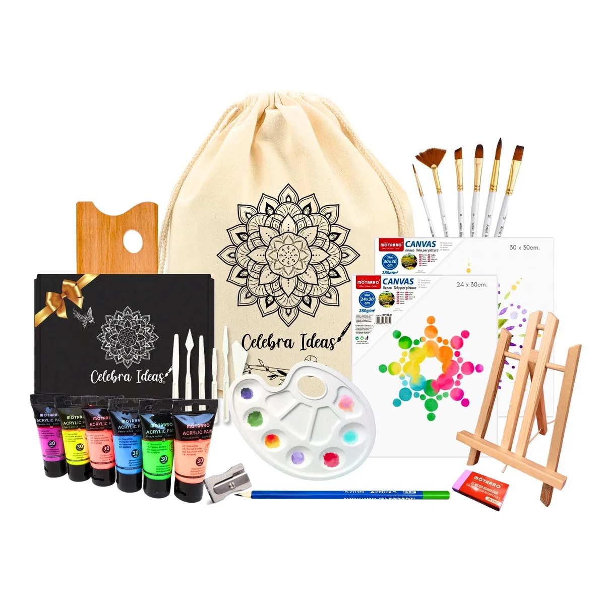 CELEBRA IDEAS - Set de Arte kit pinturas Acrílicos Neón c Atril y lienzos