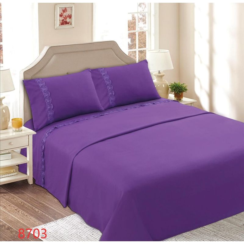 GENERICO - Juego de Sábanas 1 1/2 Plazas 144 Hilos con Broderie - Morado M8703