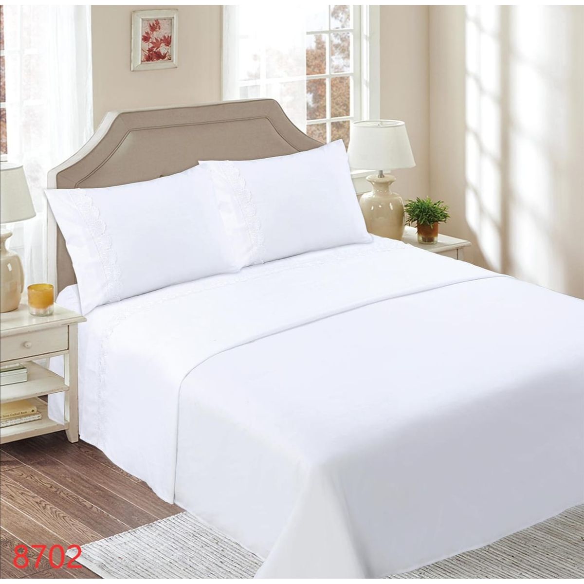 GENERICO - Juego de Sábanas 1 1/2 Plazas 144 Hilos con Broderie - Blanco M8702