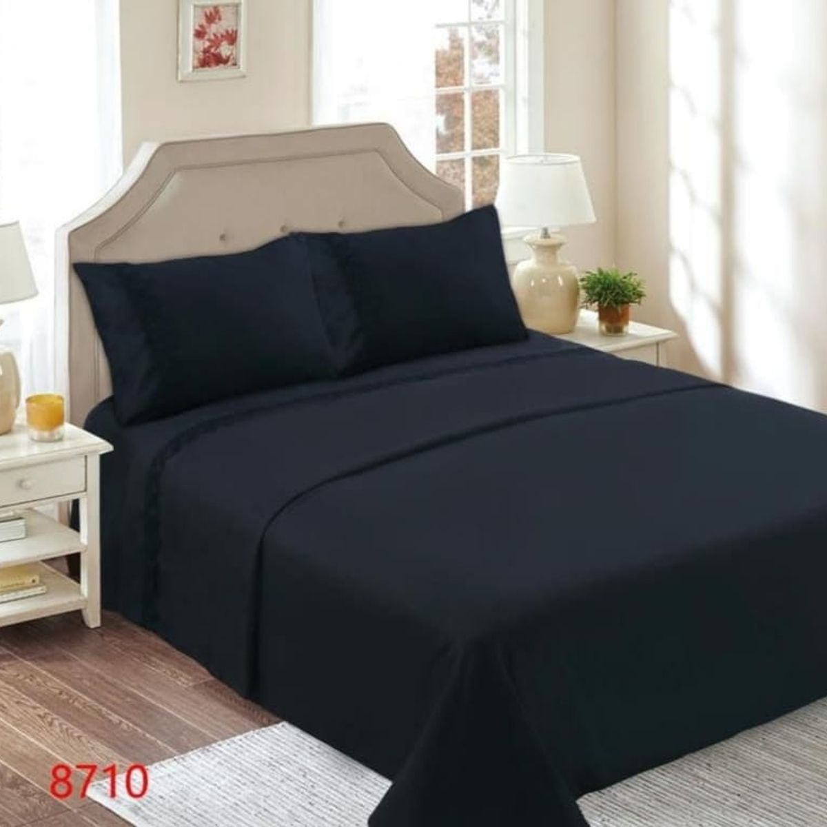 GENERICO - Juego de Sábanas 1 1/2 Plazas 144 Hilos con Broderie - Negro M8711