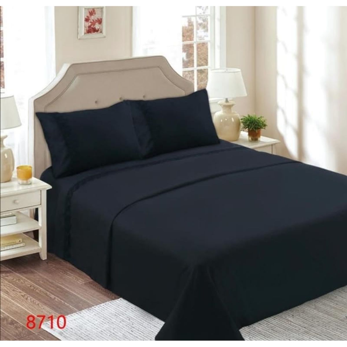 GENERICO - Juego de Sábanas 1 1/2 Plazas 144 Hilos con Broderie - Negro M8711