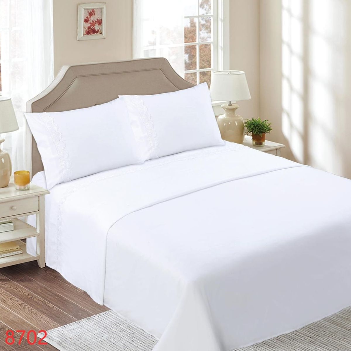 GENERICO - Juego de Sábanas 2 Plazas 144 Hilos con Broderie - Blanco M8702