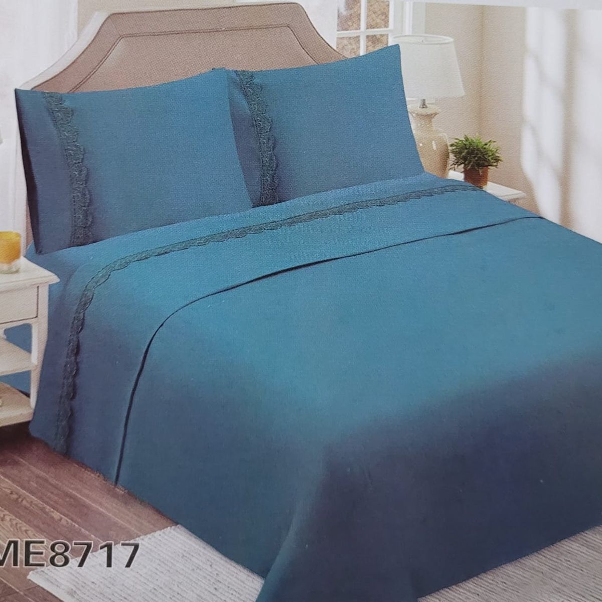 GENERICO - Juego de Sábanas 2 Plazas 144 Hilos con Broderie - Petróleo M8717