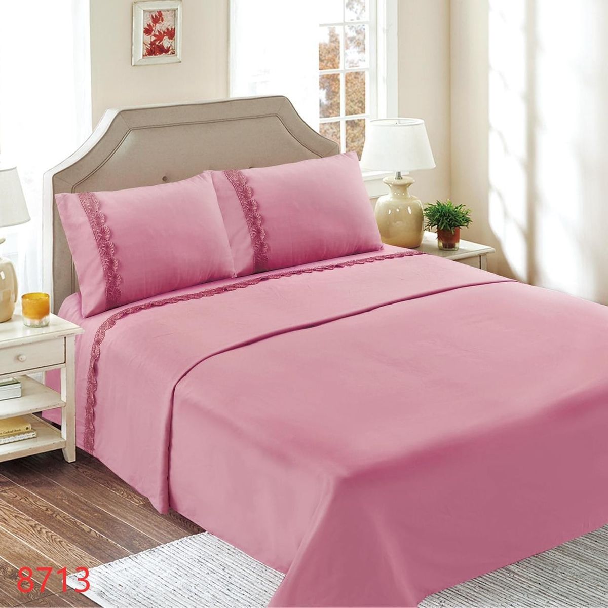 GENERICO - Juego de Sábanas 2 Plazas 144 Hilos con Broderie - Rosado M8713