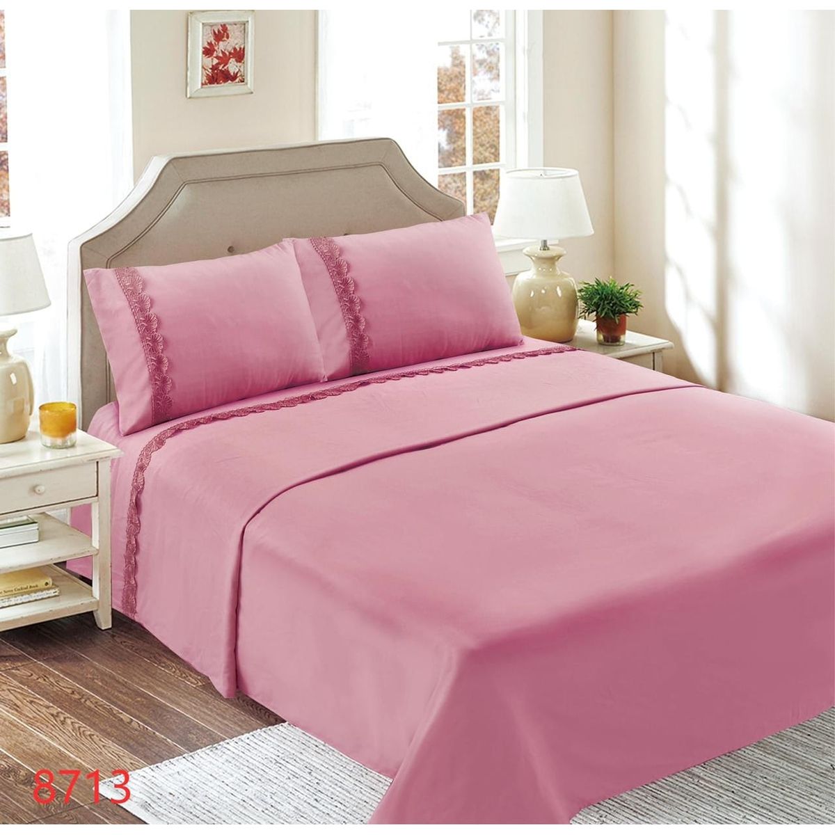 GENERICO - Juego de Sábanas 2 Plazas 144 Hilos con Broderie - Rosado M8713