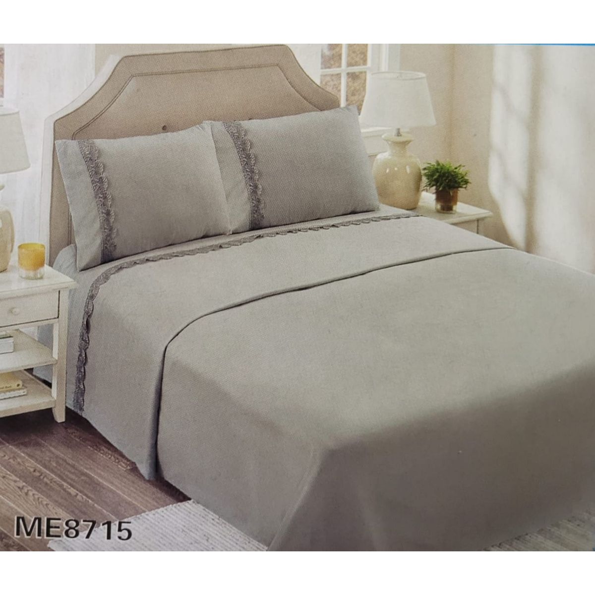 GENERICO - Juego de Sábanas 2 Plazas 144 Hilos con Broderie - Gris M8715