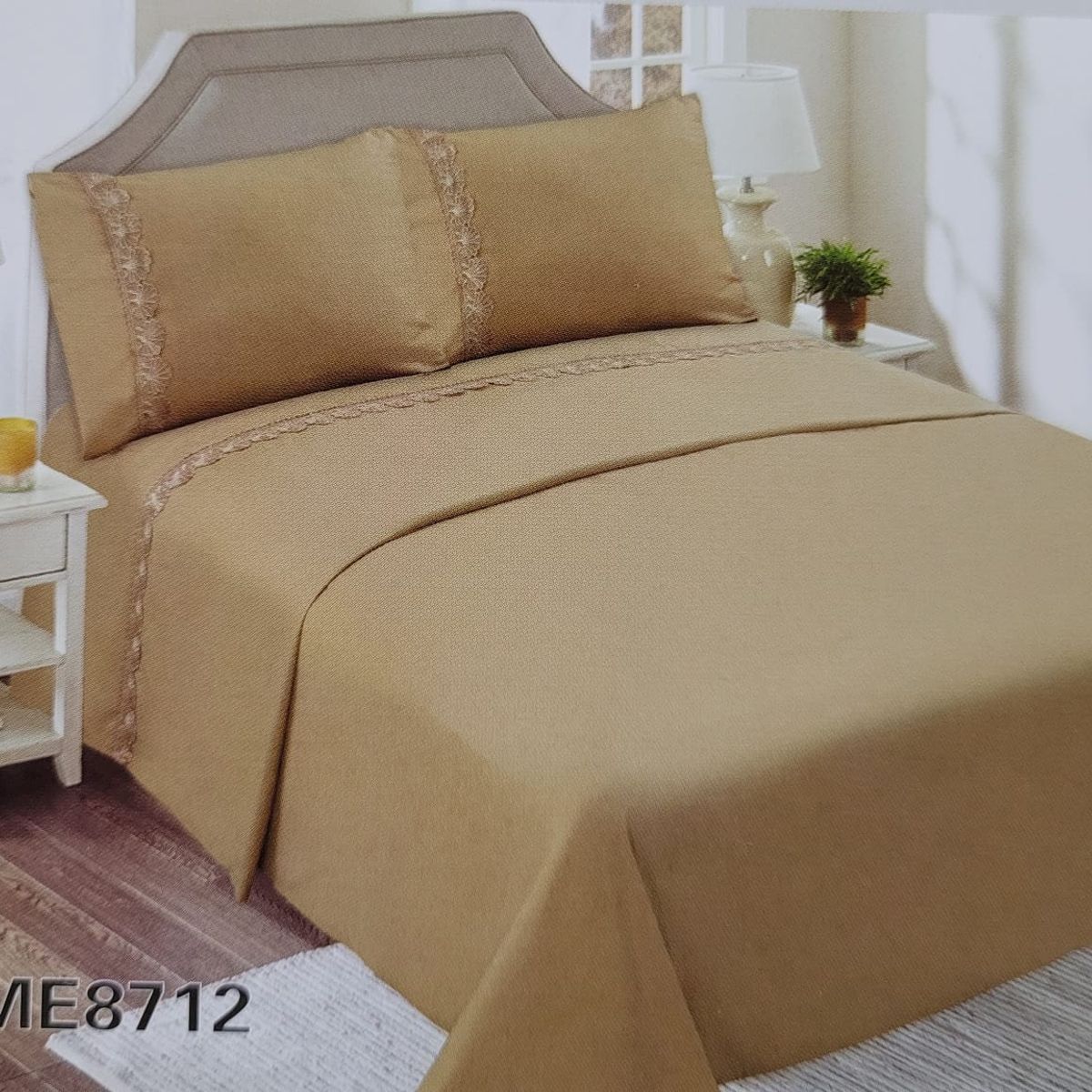 GENERICO - Juego de Sábanas King 144 Hilos con Broderie - Mostaza M8712