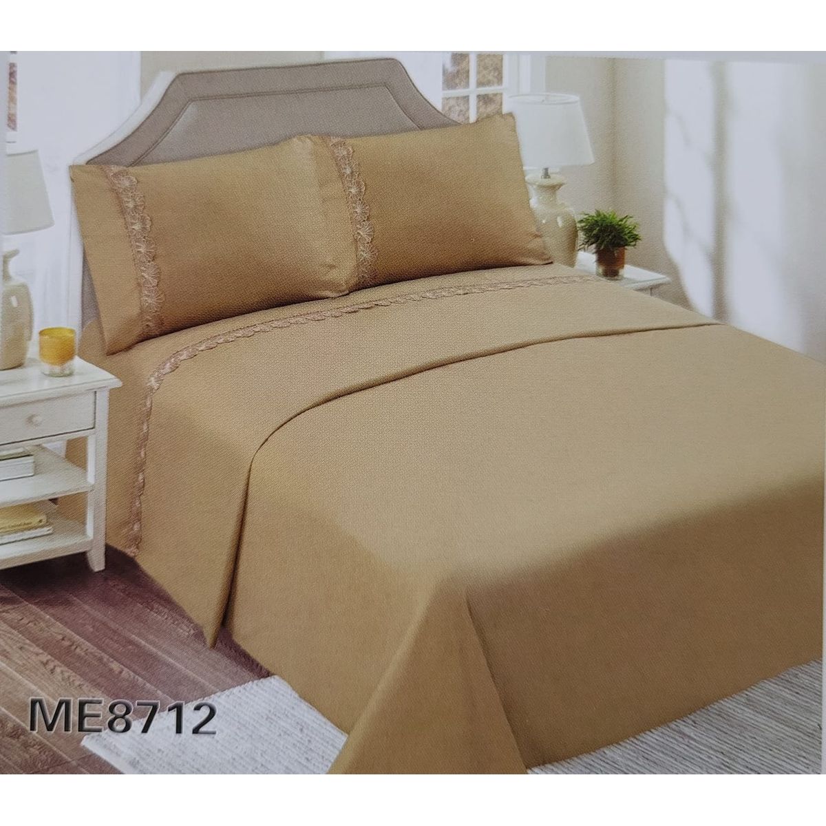 GENERICO - Juego de Sábanas King 144 Hilos con Broderie - Mostaza M8712