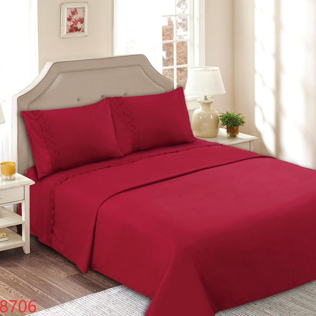 GENERICO - Juego de Sábanas King 144 Hilos con Broderie - Rojo M8706