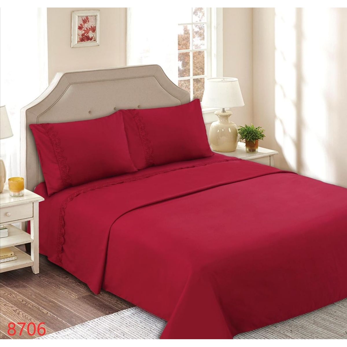 GENERICO - Juego de Sábanas King 144 Hilos con Broderie - Rojo M8706