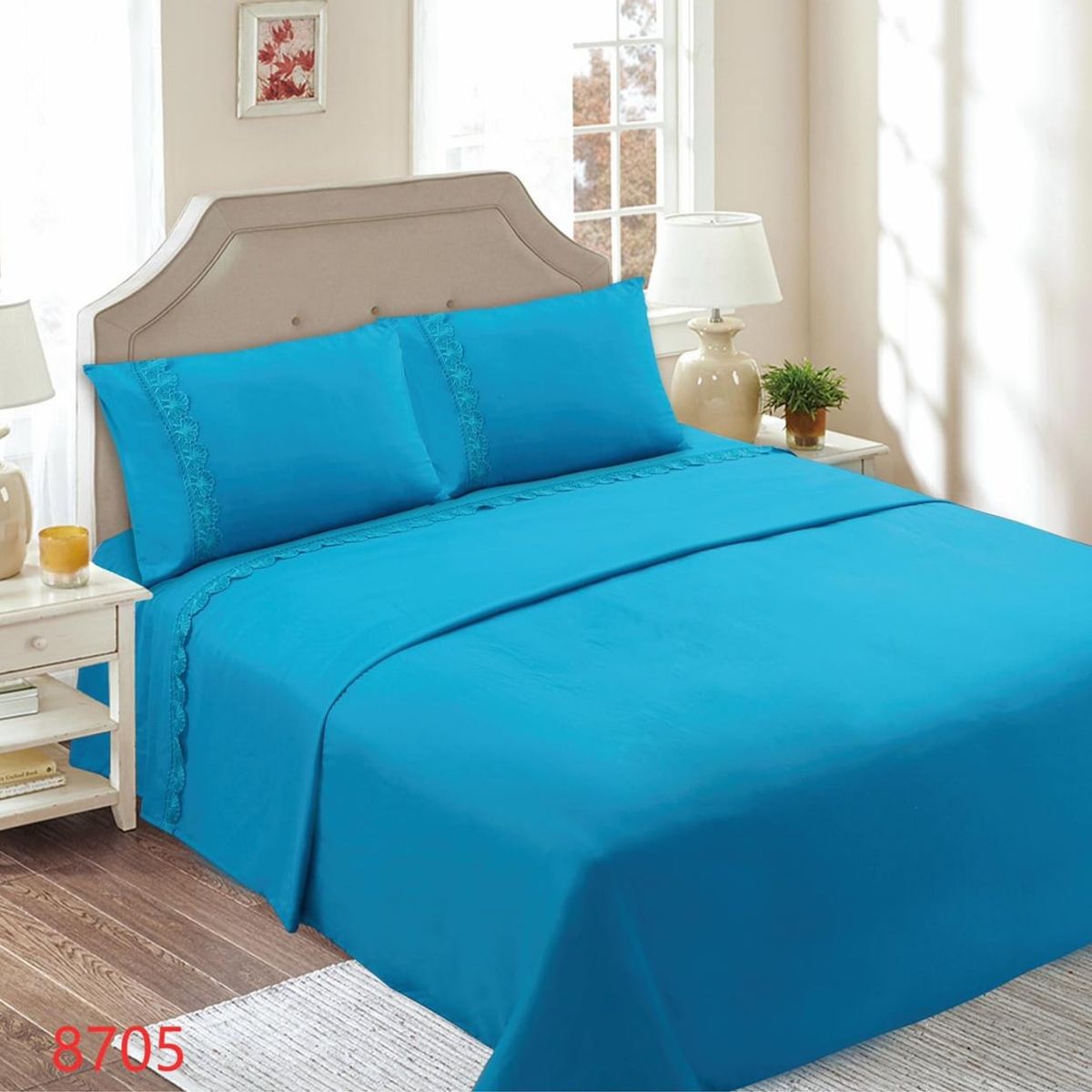 GENERICO - Juego de Sábanas King 144 Hilos con Broderie - Celeste M8711