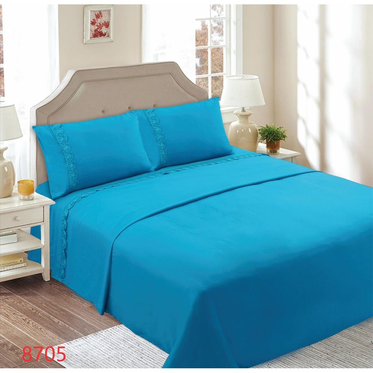 GENERICO - Juego de Sábanas King 144 Hilos con Broderie - Celeste M8711