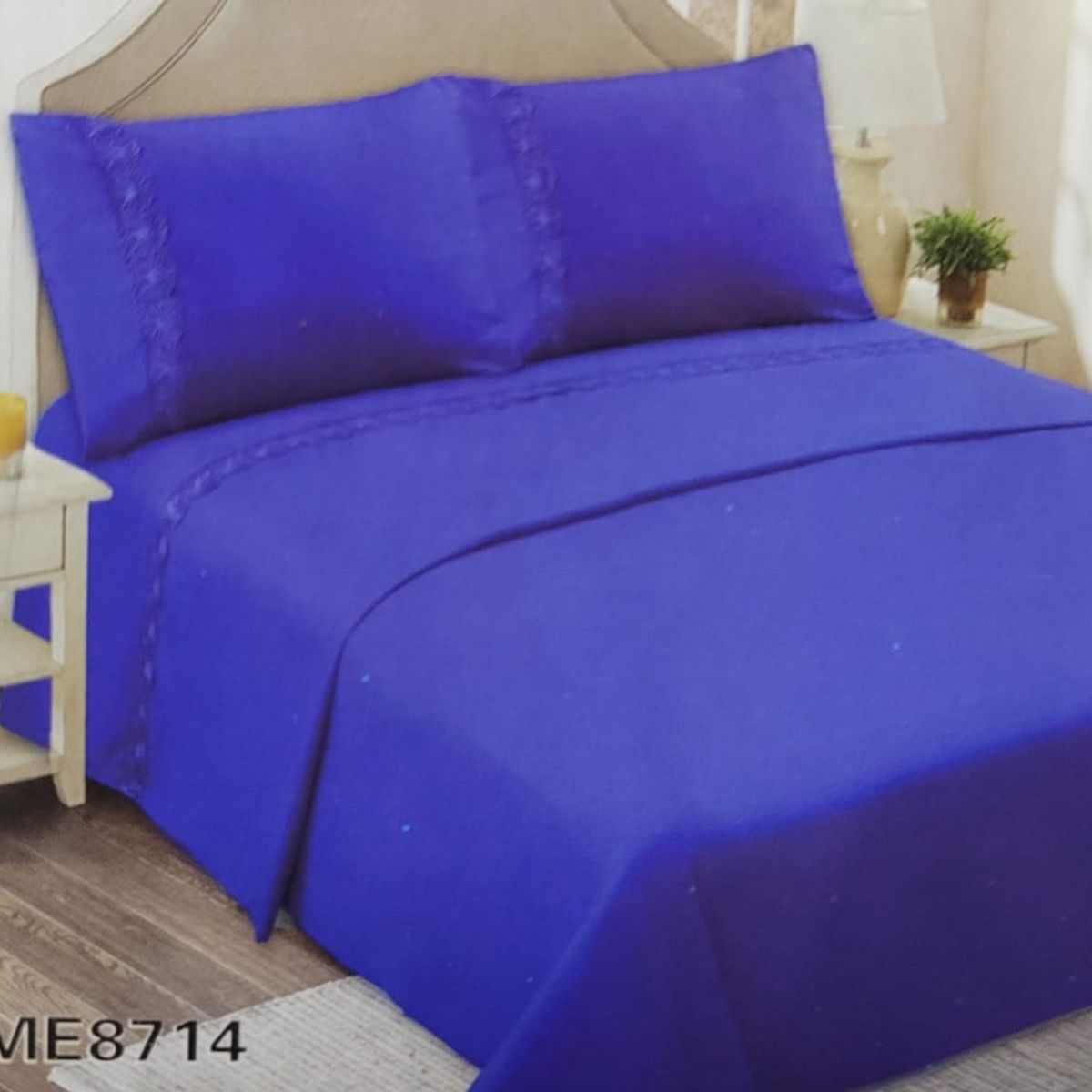 GENERICO - Juego de Sábanas King 144 Hilos con Broderie - Azul Rey M8714