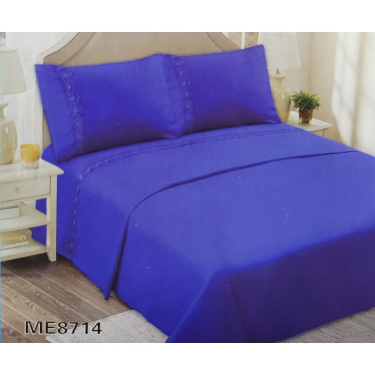 GENERICO - Juego de Sábanas King 144 Hilos con Broderie - Azul Rey M8714