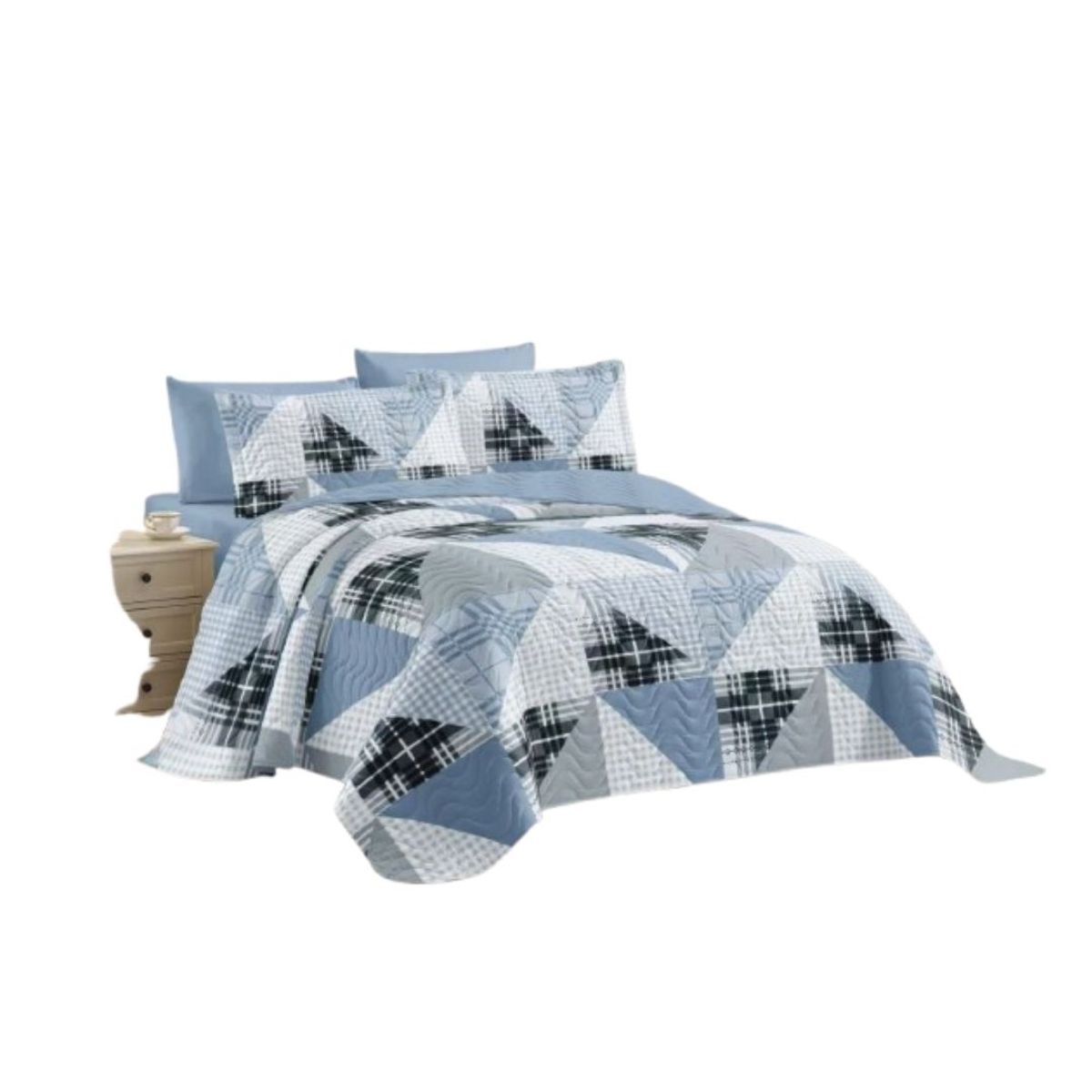 GENERICO - Cubrecama Quilt de Verano 2 Plazas - Patchwork Triángulos Celeste TFCC687