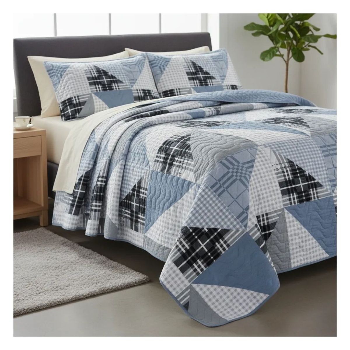 GENERICO - Cubrecama Quilt de Verano 2 Plazas - Patchwork Triángulos Celeste TFCC687